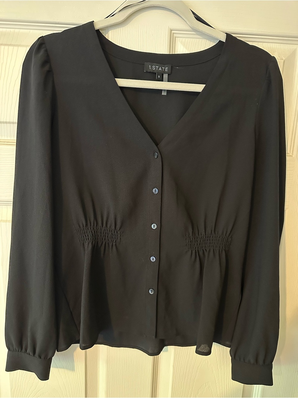 1. State Black V-Neck Button-Front Blouse with Shirred Waist